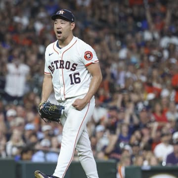 Houston Astros starting pitcher Yusei Kikuchi (16) reacts after a play during the sixth inning against the Kansas City Royals at Minute Maid Park on Aug 31.