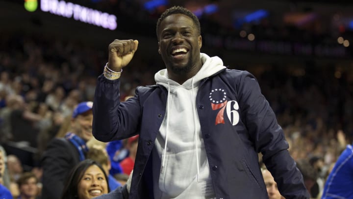 Apr 24, 2018; Philadelphia, PA, USA; Actor Kevin Hart reacts after a Philadelphia 76ers score against the Miami Heat during the fourth quarter in game five of the first round of the 2018 NBA Playoffs at Wells Fargo Center. Mandatory Credit: Bill Streicher-USA TODAY Sports