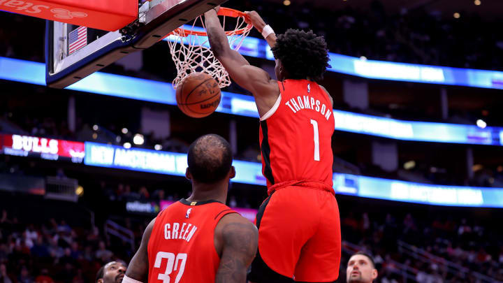 Mar 21, 2024; Houston, Texas, USA; Houston Rockets forward Amen Thompson (1) dunks against the Chicago Bulls during the third quarter at Toyota Center. Mandatory Credit: Erik Williams-USA TODAY Sports
