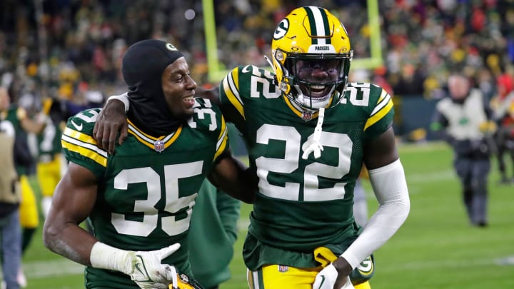 Green Bay Packers cornerbacks Corey Ballentine (35) and Robert Rochell (22) celebrate after defeating the Kansas City Chiefs last season.