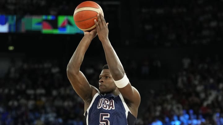 United States guard Anthony Edwards (5) shoots against France in the first half of the men's basketball gold-medal game during the Paris Olympics at Accor Arena in Paris on Aug. 10, 2024.