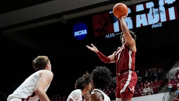 The University of Alabama unveiled the first banner honoring the school’s first Final Four appearance Friday, Oct. 11, 2024, in Coleman Coliseum. Alabama guard Mark Sears (1) sails in for a basket during the scrimmage following the unveiling.