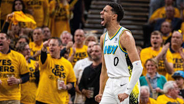 Apr 29, 2025; Indianapolis, Indiana, USA; Indiana Pacers guard Tyrese Haliburton (0) reacts during a time out during game five of the first round for the 2024 NBA Playoffs against the Milwaukee Bucks at Gainbridge Fieldhouse. Mandatory Credit: Trevor Ruszkowski-Imagn Images
