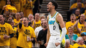 Apr 29, 2025; Indianapolis, Indiana, USA; Indiana Pacers guard Tyrese Haliburton (0) reacts during a time out during game five of the first round for the 2024 NBA Playoffs against the Milwaukee Bucks at Gainbridge Fieldhouse. Mandatory Credit: Trevor Ruszkowski-Imagn Images