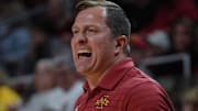 Iowa State Cyclones men's basketball head coach T.J. Otzelberger calls a play from the side line against Stonehill during the first half in the NCAA basketball on Nov. 17, 2025, at Hilton Coliseum in Ames, Iowa.Iowa.