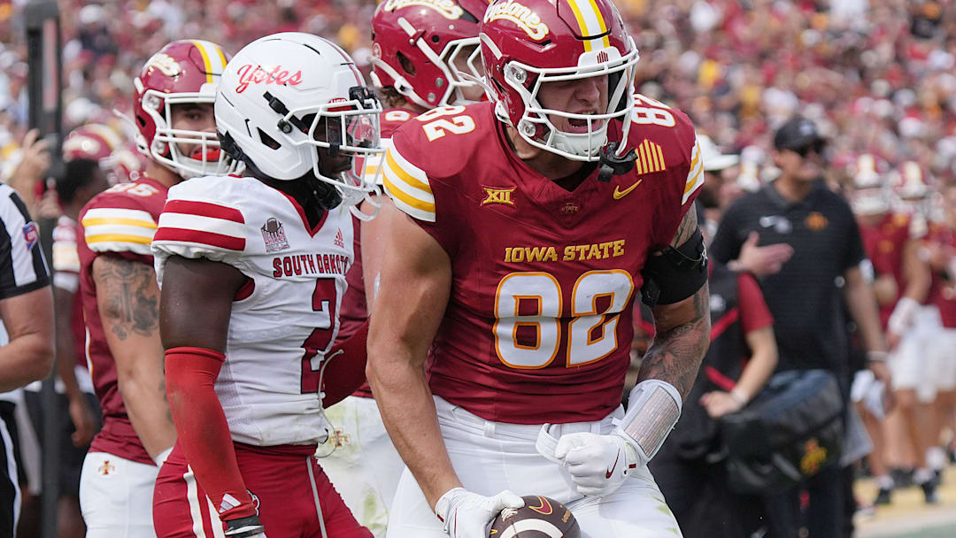 Iowa State Cyclones' tight end Tyler Moore (82) celebrates after making a catch against South Dakota during the secondquarter in the home game opening at Jack Trice Stadium on August 30, 2025, in Ames, Iowa Iowa State Cyclones' tight end Tyler Moore (82) celebrates after making a catch against South Dakota during the secondquarter in the home game opening at Jack Trice Stadium on August 30, 2025, in Ames, Iowa