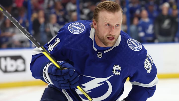 Apr 24, 2023; Tampa, Florida, USA; Tampa Bay Lightning center Steven Stamkos (91) works out against the Toronto Maple Leafs prior to game four of the first round of the 2023 Stanley Cup Playoffs at Amalie Arena. Mandatory Credit: Kim Klement-USA TODAY Sports