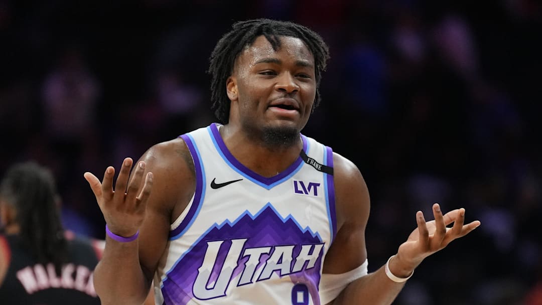 Mar 4, 2026; Philadelphia, Pennsylvania, USA; Utah Jazz guard Isaiah Collier (8) reacts against the Philadelphia 76ers in the fourth quarter at Xfinity Mobile Arena. Mandatory Credit: Kyle Ross-Imagn Images