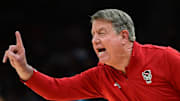 Apr 5, 2024; Cleveland, OH, USA; NC State Wolfpack head coach Wes Moore reacts against the South Carolina Gamecocks in the semifinals of the Final Four of the women's 2024 NCAA Tournament at Rocket Mortgage FieldHouse. Mandatory Credit: Ken Blaze-Imagn Images