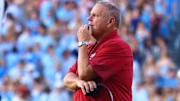Arkansas Razorback head coach Sam Pittman looks on during the first quarter against the Mississippi Rebels at Vaught-Hemingway Stadium.