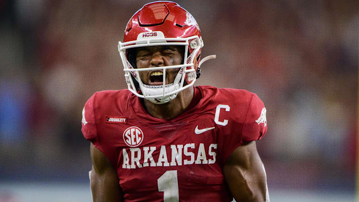 Arkansas Razorbacks defensive back Jalen Catalon (1) celebrates during the second half against the Texas A&M Aggies at AT&T Stadium. Arkansas Razorbacks defensive back Jalen Catalon (1) celebrates during the second half against the Texas A&M Aggies at AT&T Stadium.