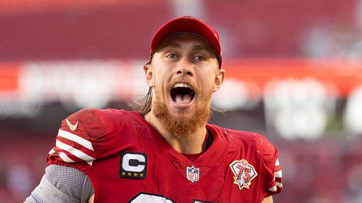 Santa Clara, California, USA;  San Francisco 49ers tight end George Kittle (85) smiles after defeating the Atlanta Falcons at Levi's Stadium. Mandatory Credit: Stan Szeto-USA TODAY Sports