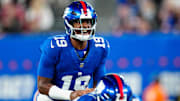 New York Giants wide receiver Darius Slayton (18) directs his team, Thursday, August 21, 2025, in East Rutherford.