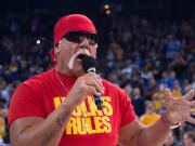 November 13, 2014; Oakland, CA, USA; WWE professional wrestler Hulk Hogan before the game between the Golden State Warriors and the Brooklyn Nets at Oracle Arena. The Warriors defeated the Nets 107-99.