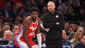 Jan 27, 2025; New York, New York, USA; Memphis Grizzlies head coach Taylor Jenkins talks with forward Jaren Jackson Jr. (13) during the first half against the New York Knicks at Madison Square Garden. Mandatory Credit: Vincent Carchietta-Imagn Images
