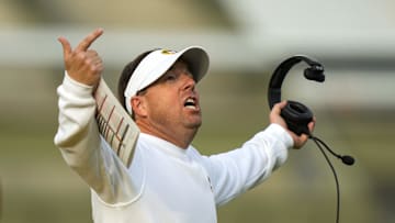 Nov 8, 2025; Columbia, Missouri, USA; Missouri Tigers head coach Eli Drinkwitz reacts during the first half against the Texas A&M Aggies at Faurot Field at Memorial Stadium. Mandatory Credit: Jay Biggerstaff-Imagn Images