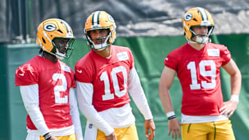 Jun 11, 2025; Green Bay, WI, USA;  Green Bay Packers quarterback Malik Willis (2), quarterback Jordan Love (10) and quarterback Taylor Elgersma (19) participates in the team's minicamp at Ray Nitschke Field. Mandatory Credit: Benny Sieu-Imagn Images