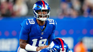 New York Giants wide receiver Darius Slayton (18) directs his team, Thursday, August 21, 2025, in East Rutherford.