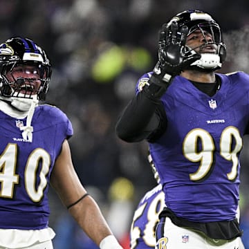 Jan 4, 2025; Baltimore, Maryland, USA;  Baltimore Ravens linebacker Odafe Oweh (99) reacts after sacking Cleveland Browns quarterback Bailey Zappe (not pictured) during the second half at M&T Bank Stadium. Mandatory Credit: Tommy Gilligan-Imagn Images