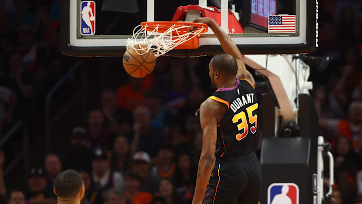 Apr 25, 2023; Phoenix, Arizona, USA; Phoenix Suns forward Kevin Durant (35) slam dunks the ball against the Los Angeles Clippers during the first half in game five of the 2023 NBA playoffs at Footprint Center. Mandatory Credit: Mark J. Rebilas-Imagn Images