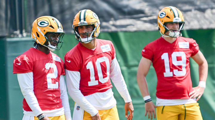 Jun 11, 2025; Green Bay, WI, USA;  Green Bay Packers quarterback Malik Willis (2), quarterback Jordan Love (10) and quarterback Taylor Elgersma (19) participates in the team's minicamp at Ray Nitschke Field. Mandatory Credit: Benny Sieu-Imagn Images