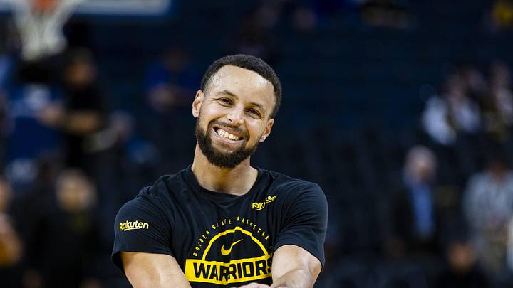 Dec 20, 2025; San Francisco, California, USA; Golden State Warriors guard Stephen Curry (30) reacts during warmups before the game against the Phoenix Suns at Chase Center. Mandatory Credit: John Hefti-Imagn Images