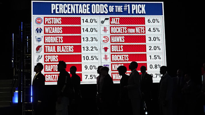 May 12, 2024; Chicago, IL, USA; Representatives of the 14 NBA teams wait to go on stage during the 2024 NBA Draft Lottery at McCormick Place West. Mandatory Credit: David Banks-Imagn Images