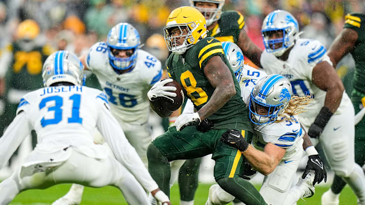 Green Bay Packers running back Josh Jacobs, shown running against the Lions last season, will face Detroit in Week 1. Green Bay Packers running back Josh Jacobs, shown running against the Lions last season, will face Detroit in Week 1.