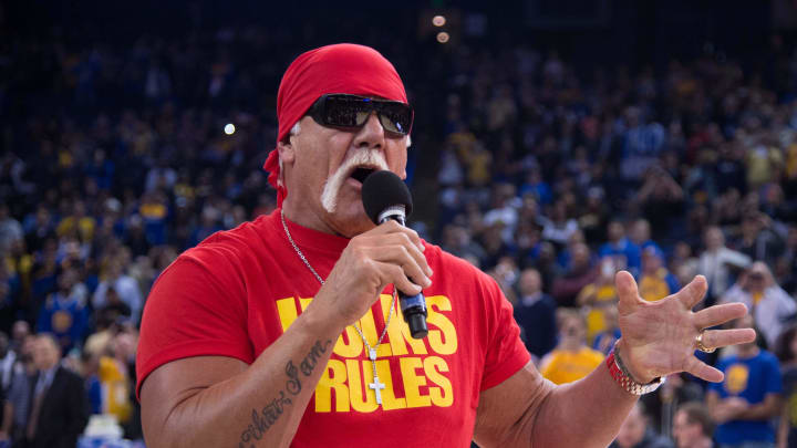 November 13, 2014; Oakland, CA, USA; WWE professional wrestler Hulk Hogan before the game between the Golden State Warriors and the Brooklyn Nets at Oracle Arena. The Warriors defeated the Nets 107-99.