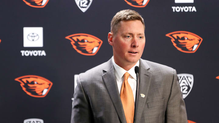 Trent Bray is formally introduced as Oregon State football   s head coach during a press conference on Wednesday, Nov. 29, 2023 at Oregon State University in Corvallis, Ore.