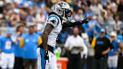 Sep 15, 2024; Charlotte, North Carolina, USA; Carolina Panthers cornerback Jaycee Horn (8) reacts in the first quarter at Bank of America Stadium. Mandatory Credit: Bob Donnan-Imagn Images