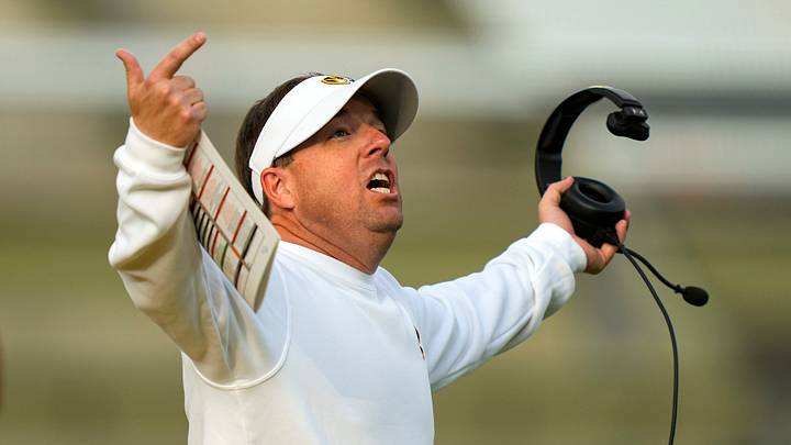 Nov 8, 2025; Columbia, Missouri, USA; Missouri Tigers head coach Eli Drinkwitz reacts during the first half against the Texas A&M Aggies at Faurot Field at Memorial Stadium. Mandatory Credit: Jay Biggerstaff-Imagn Images