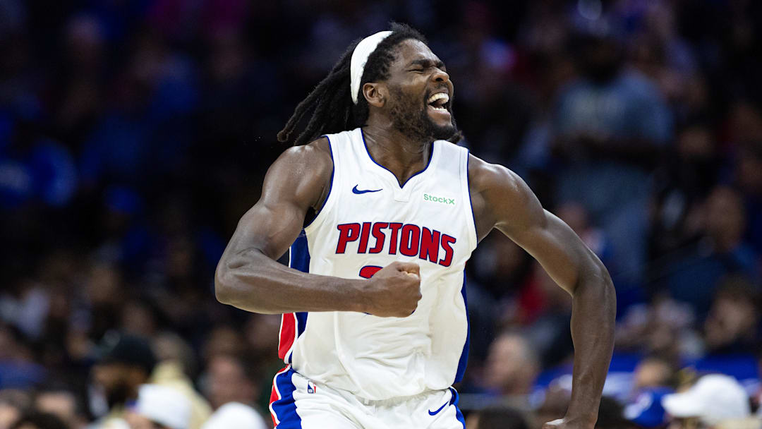 Oct 30, 2024; Philadelphia, Pennsylvania, USA; Detroit Pistons center Isaiah Stewart (28) reacts after a forward Tim Hardaway Jr. (not pictured) score against the Philadelphia 76ers during the fourth quarter at Wells Fargo Center. Mandatory Credit: Bill Streicher-Imagn Images