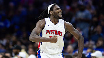 Oct 30, 2024; Philadelphia, Pennsylvania, USA; Detroit Pistons center Isaiah Stewart (28) reacts after a forward Tim Hardaway Jr. (not pictured) score against the Philadelphia 76ers during the fourth quarter at Wells Fargo Center. Mandatory Credit: Bill Streicher-Imagn Images