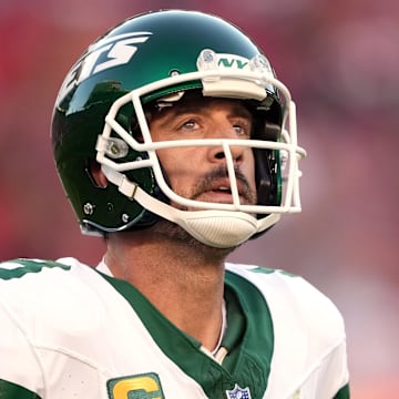 Sep 9, 2024; Santa Clara, California, USA; New York Jets quarterback Aaron Rodgers (8) during the second quarter against the San Francisco 49ers at Levi's Stadium. Mandatory Credit: Darren Yamashita-Imagn Images