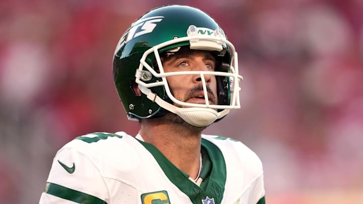 Sep 9, 2024; Santa Clara, California, USA; New York Jets quarterback Aaron Rodgers (8) during the second quarter against the San Francisco 49ers at Levi's Stadium. Mandatory Credit: Darren Yamashita-Imagn Images