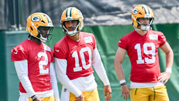 Jun 11, 2025; Green Bay, WI, USA;  Green Bay Packers quarterback Malik Willis (2), quarterback Jordan Love (10) and quarterback Taylor Elgersma (19) participates in the team's minicamp at Ray Nitschke Field. Mandatory Credit: Benny Sieu-Imagn Images