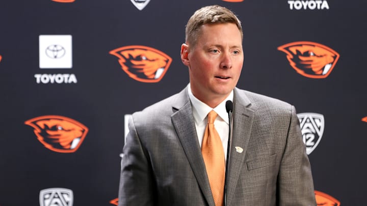 Trent Bray is formally introduced as Oregon State football   s head coach during a press conference on Wednesday, Nov. 29, 2023 at Oregon State University in Corvallis, Ore.