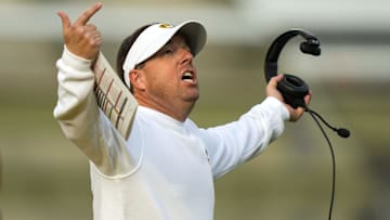 Missouri Tigers head coach Eliah Drinkwitz reacts to a call during the first half of a game against the Texas A&M Aggies this season.