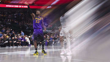 Jan 7, 2025; Dallas, Texas, USA; (Editor's Note: A filter was used in the creation of this image.) Los Angeles Lakers forward LeBron James (23) shoots during the second half against the Dallas Mavericks at American Airlines Center. 