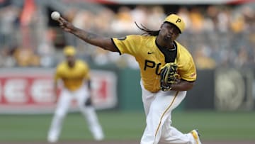 Sep 13, 2024; Pittsburgh, Pennsylvania, USA;  Pittsburgh Pirates starting pitcher Luis L. Ortiz (48) delivers a pitch against the Kansas City Royals during the first inning at PNC Park. Mandatory Credit: Charles LeClaire-Imagn Images