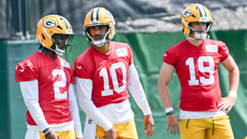 Jun 11, 2025; Green Bay, WI, USA;  Green Bay Packers quarterback Malik Willis (2), quarterback Jordan Love (10) and quarterback Taylor Elgersma (19) participates in the team's minicamp at Ray Nitschke Field. Mandatory Credit: Benny Sieu-Imagn Images