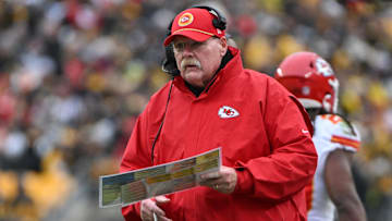 Dec 25, 2024; Pittsburgh, Pennsylvania, USA; Kansas City Chiefs head coach Andy Reid reacts against the Pittsburgh Steelers during the second half at Acrisure Stadium. Mandatory Credit: Barry Reeger-Imagn Images