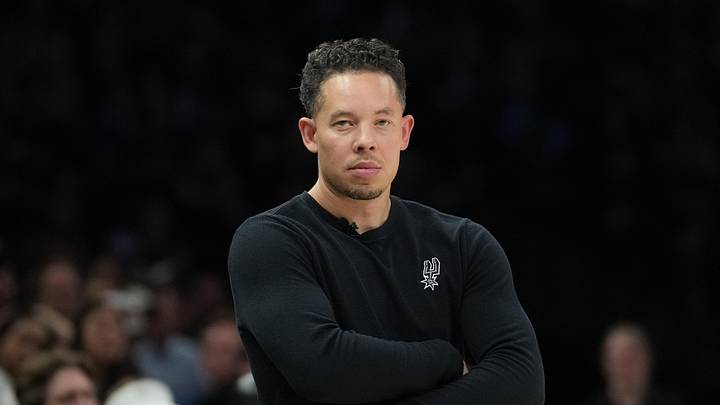 May 8, 2026; Minneapolis, Minnesota, USA; San Antonio Spurs head coach Mitch Johnson in the second half against the Minnesota Timberwolves during game three of the second round of the 2026 NBA Playoffs at Target Center. Mandatory Credit: Jesse Johnson-Imagn Images