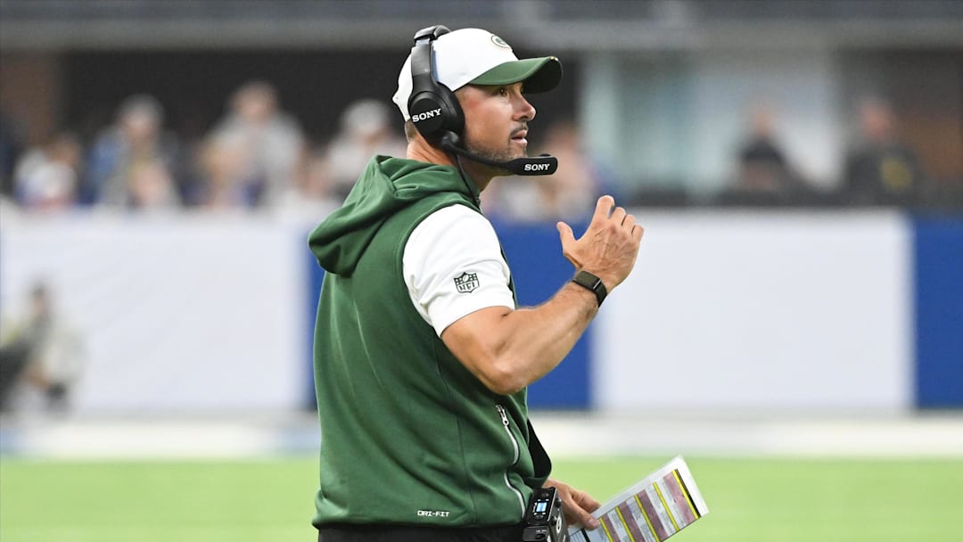 Aug 16, 2025; Indianapolis, Indiana, USA; Green Bay Packers head coach Matt LaFleur reacts to a call during the first half against the Indianapolis Colts at Lucas Oil Stadium. Mandatory Credit: Robert Goddin-Imagn Images