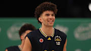 Mar 31, 2025; Brooklyn, New York, USA; McDonald’s All American East forward Cameron Boozer (12) stands on the court during the Sprite Jam Fest at Barclay's Center. Mandatory Credit: Pamela Smith-Imagn Images