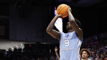 Mar 18, 2025; Dayton, OH, USA; North Carolina Tar Heels guard Drake Powell (9) shoots the ball in the second half against the San Diego State Aztecs at UD Arena. Mandatory Credit: Rick Osentoski-Imagn Images