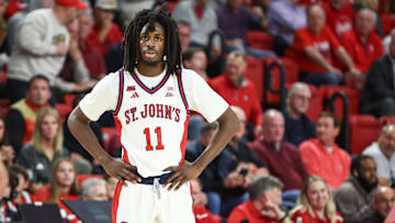 Nov 3, 2025; Queens, New York, USA;  St. John's basketball guard Ian Jackson (11) gets ready for the opening tip against the Quinnipiac Bobcats at Carnesecca Arena.