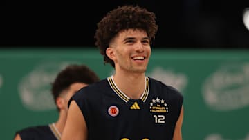 Mar 31, 2025; Brooklyn, New York, USA; McDonald’s All American East forward Cameron Boozer (12) stands on the court during the Sprite Jam Fest at Barclay's Center. Mandatory Credit: Pamela Smith-Imagn Images