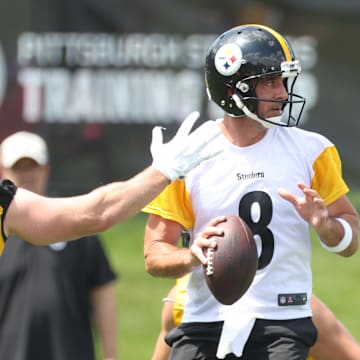 Jul 24, 2025; Latrobe, PA, USA;  Pittsburgh Steelers defensive end T.J. Watt (90) pressures quarterback Aaron Rodgers (8) during training camp at Saint Vincent College. Mandatory Credit: Charles LeClaire-Imagn Images